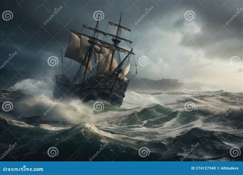 Pirate Ship On Stormy Sea Waves Crashing Against The Hull Stock