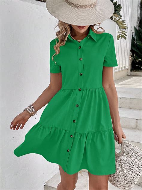 Shein Vcay Solid Ruffle Hem Shirt Dress Shein Usa