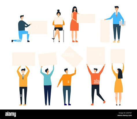 People Holding Placards Vector Illustration Man And Woman With Clean