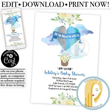 Editable Hot Air Balloon Baby Shower Invitation Hot Air Etsy