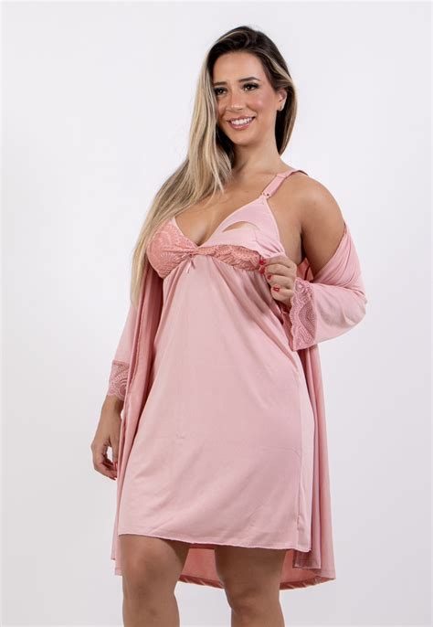 Conjunto Amamentação Feminino 4 Estações Camisola Lisa e Robe Roupão