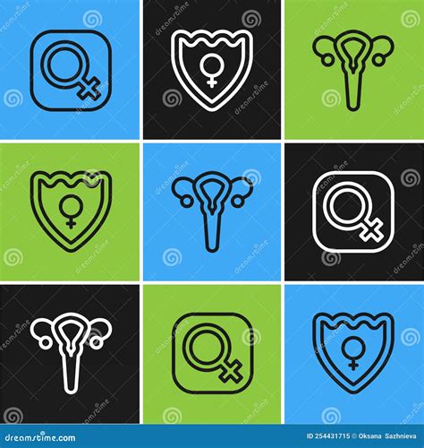 Set Line Female Gender Reproductive System And Gender Shield Icon