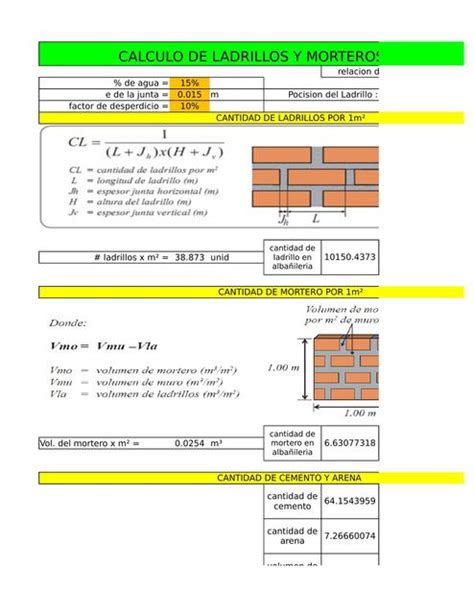 Hoja De Excel De Calculo De Ladrillo Y Mortero Apuntes De Ingenieria