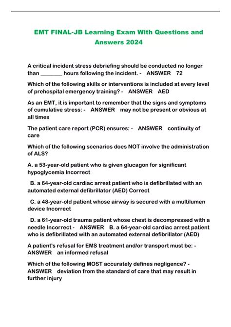 Emt Final Jb Learning Exam With Questions And Answers Emt Jb