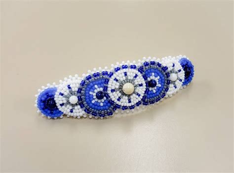 Blue Beaded Hair Barrette Clip Native Inspired Circle Rosette Clip