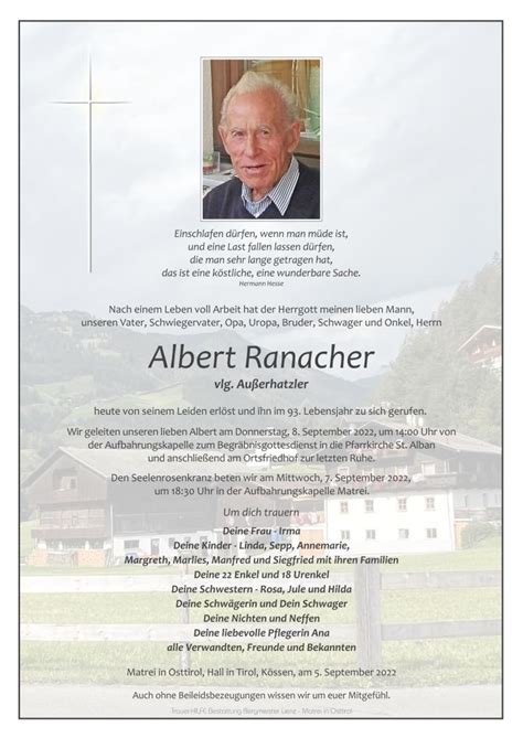 Todesanzeige Albert Ranacher Trauer Link