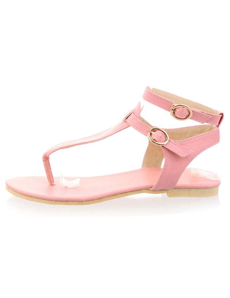 Womens Pink Flat Thong Sandals With Double Buckles