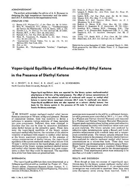 PDF Vapor Liquid Equilibria Of Methanol Methyl Ethyl Ketone In The