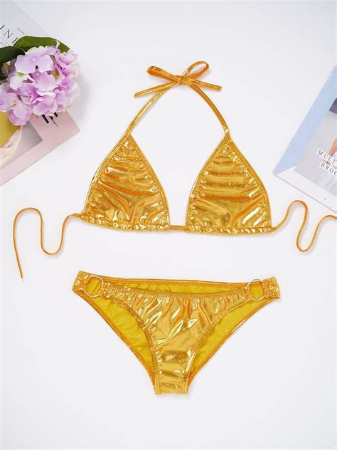 Iefiel Hot Damen Micro Bikini Wetlook Mini Bikini Set Metallic Glanz