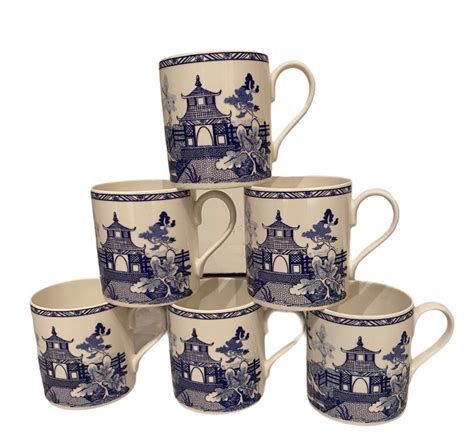 Set Of 6 Blue Willow Mugs Fine Bone China