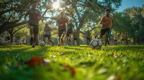 Energetic Soccer Game In Sunny Park Competitive Friends Playing