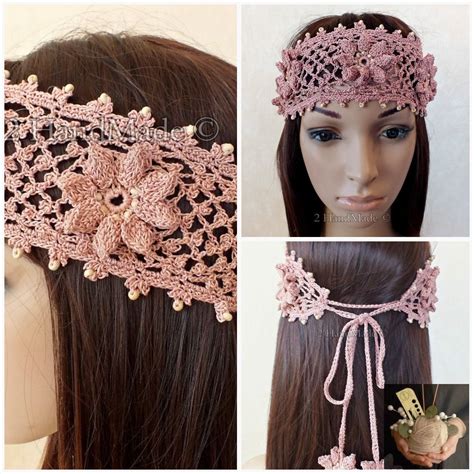 Pink Rose Headband Ooak Irish Lace 3d Crochet Dreadlock Head Wrap Boho