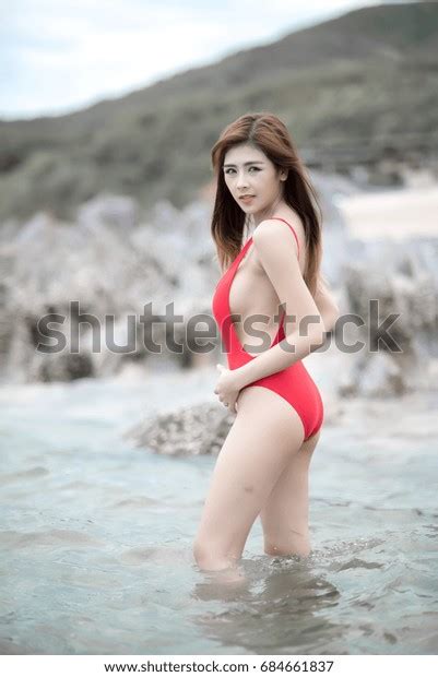 Asian Woman Red Bikini One Piece Stock Photo Shutterstock