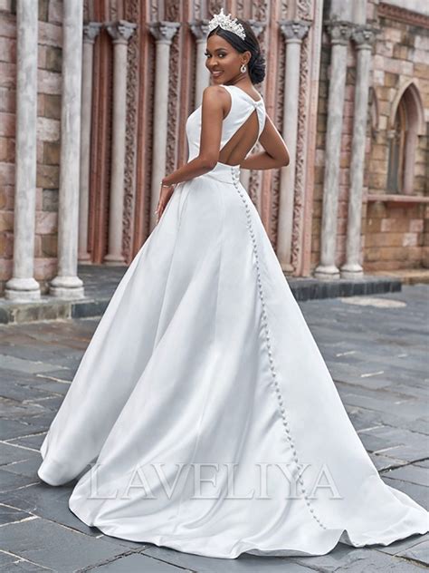 A Line Bateau Ruffles Sweep Train Satin Wedding Dress Laveliya