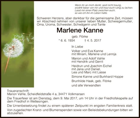 Traueranzeigen Von Marlene Kanne Trauer Hna De