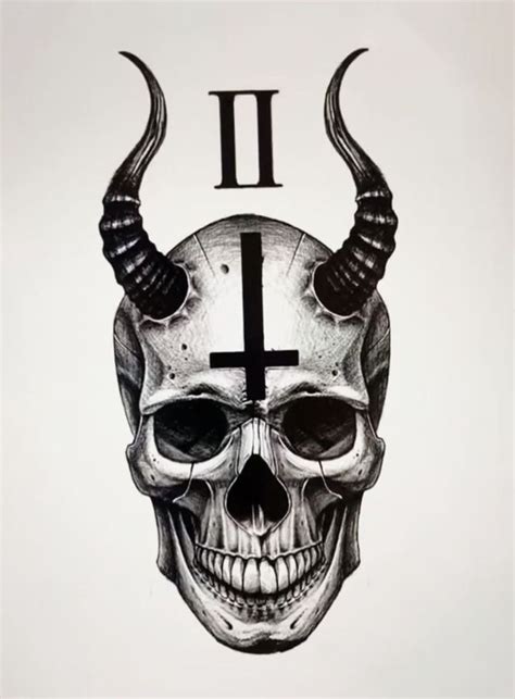 A Drawing Of A Skull With Horns And A Cross On It S Forehead In Front