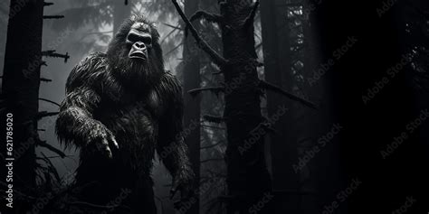 Black And White Portrait Of A Bigfoot Wood Ape In A North American