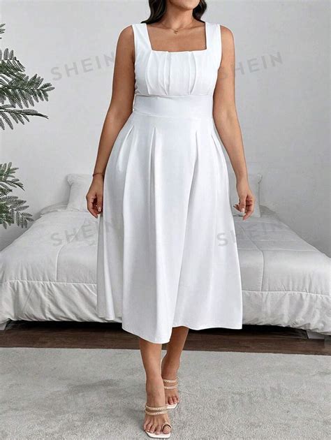 Shein Priv Plus Size Women S Wide Strap Square Neck Pleated A Line