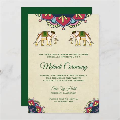 Traditional Elephants Indian Henna Mehndi Ceremony Invitation Zazzle