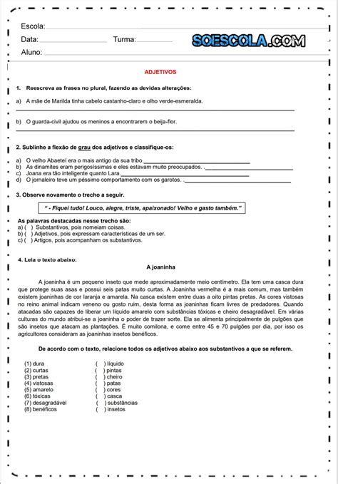 Atividades Sobre Substantivos E Adjetivos Ano Revoeduca