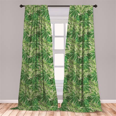 Green Leaf Curtains 2 Panels Set Exotic Pattern With Tropical Leaves