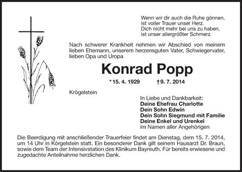 Traueranzeigen Von Konrad Popp Nordbayerischer Kurier