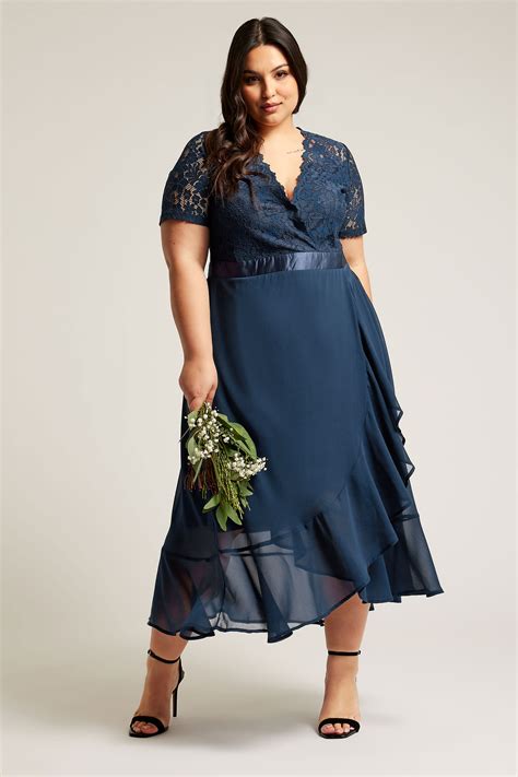 YOURS LONDON Plus Size Navy Blue Lace Wrap Ruffle Midi Dress Yours