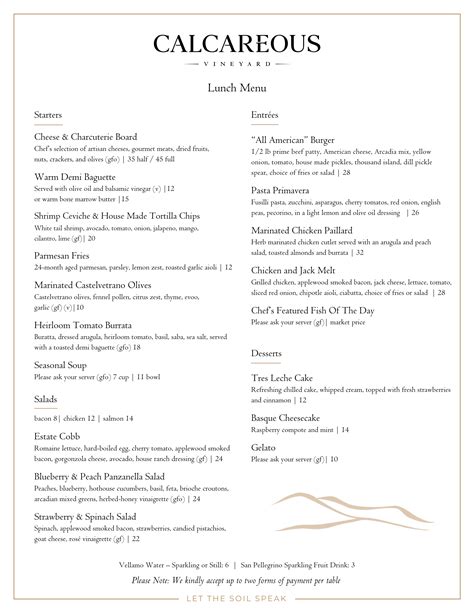 Culinary Menu | Calcareous Vineyard
