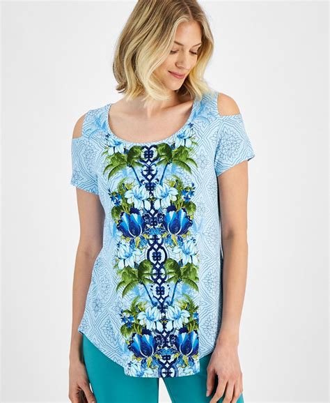 Jm Collection Womens Printed Cold Shoulder Short Sleeve Top Created For Macys Macys