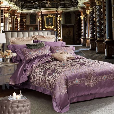 Silk Bedding Purple Luxury Embroidery Bedding Set Adult Bedspread