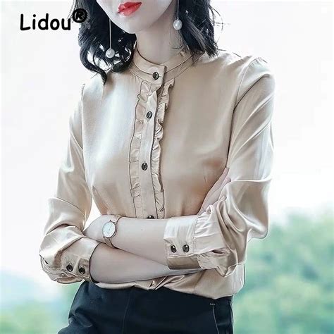 Blusa Cetim Babados Feminina Moda Coreana Seda Elegante Senhora Do