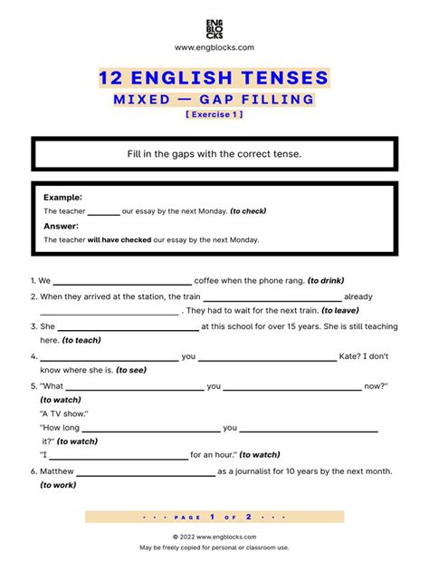 12 English Tenses Gap Filling Exercise 1 Pdf