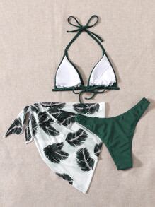 Leaf Print Bikini Set Halter Triangle Bra High Cut Bottom Cover Up Skirt Piece Bathing