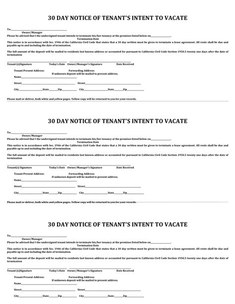 Day Notice Of Tenant S Intent To Vacate In Word And Pdf Formats