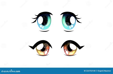 Set Of Beautiful Eyes With Shiny Light Reflections In Anime Manga Style