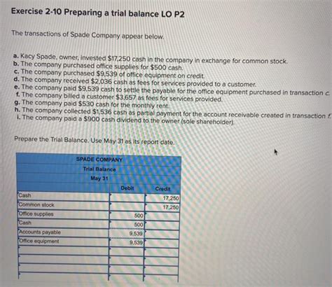 Solved Exercise 2 10 Preparing A Trial Balance Lo P2 The