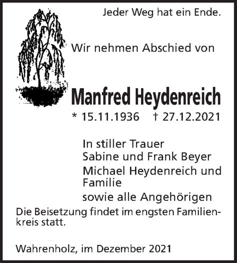 Traueranzeigen Von Manfred Heydenreich Trauer Anzeigen De