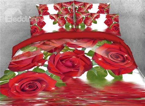 Vivilinen Shining Red Roses Printed 4 Piece 3d Bedding Sets Duvet