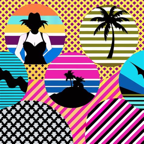 Un Fondo Colorido Con Una Mujer En Un Sombrero Y Una Imagen De Una Mujer En Una Bikini Vector