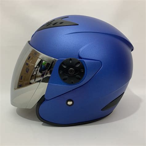 Jual Helm Vision Biru Doff Polos Solid Kaca Iridium Silver Pelangi