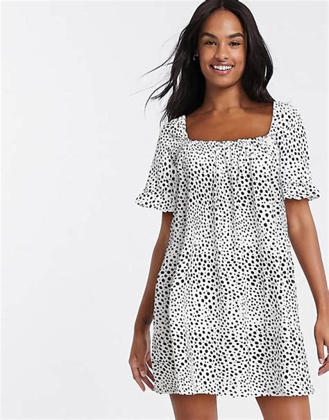 Asos Design Square Neck Mini Smock Dress With Frill Sleeve In Spot