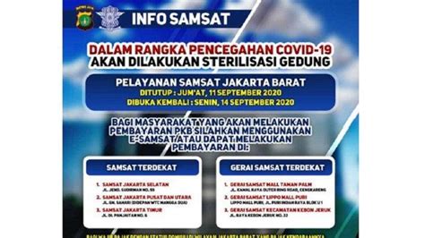 Pencegahan Virus Corona Pelayanan Samsat Jakarta Barat Ditutup