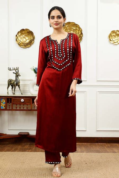 Buy Brown Silk Embellished Mirrorwork Bead Embroidered Kurta With Pant