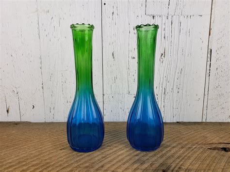 Vintage Set Of 2 Jeannette Glass Bud Vases Flash Paint Blue And Green Ombre Mid Century Modern