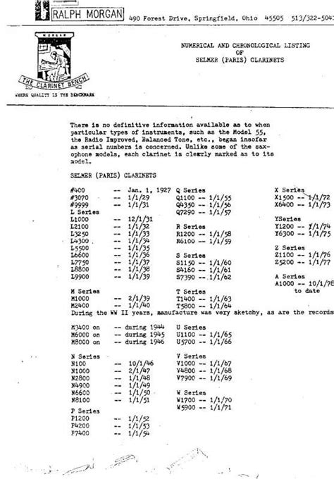 Clarinet Serial Number Chart