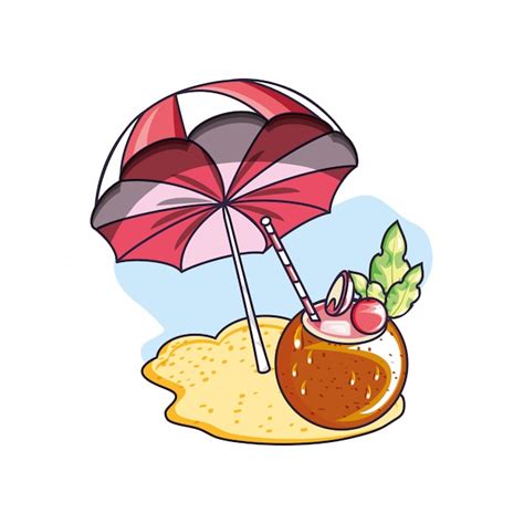 Premium Vector Summer Cocktail Of Coconut With Beach Umbrella