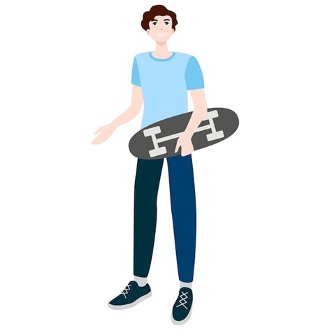 Adolescente Feliz Com Um Skate Em Sua Ilustração Vetorial Handflat