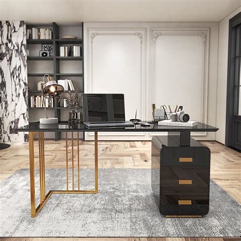 71" Modern Black Writing Desk with Drawers & File Cabinet in Gold Base ...