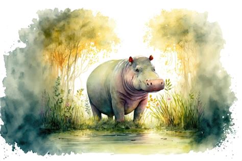 Premium Photo Cute Hippopotamus In The Middle Of The Forest Hippo Watercolor Painting