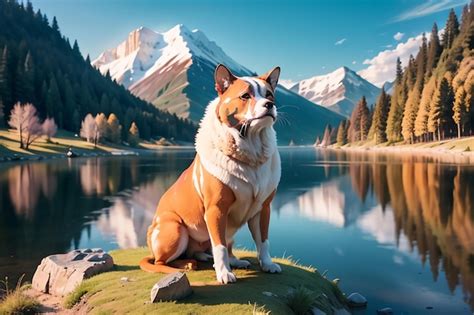 Un Perro Se Sienta En Una Roca Frente A Un Lago Con Monta As Al Fondo